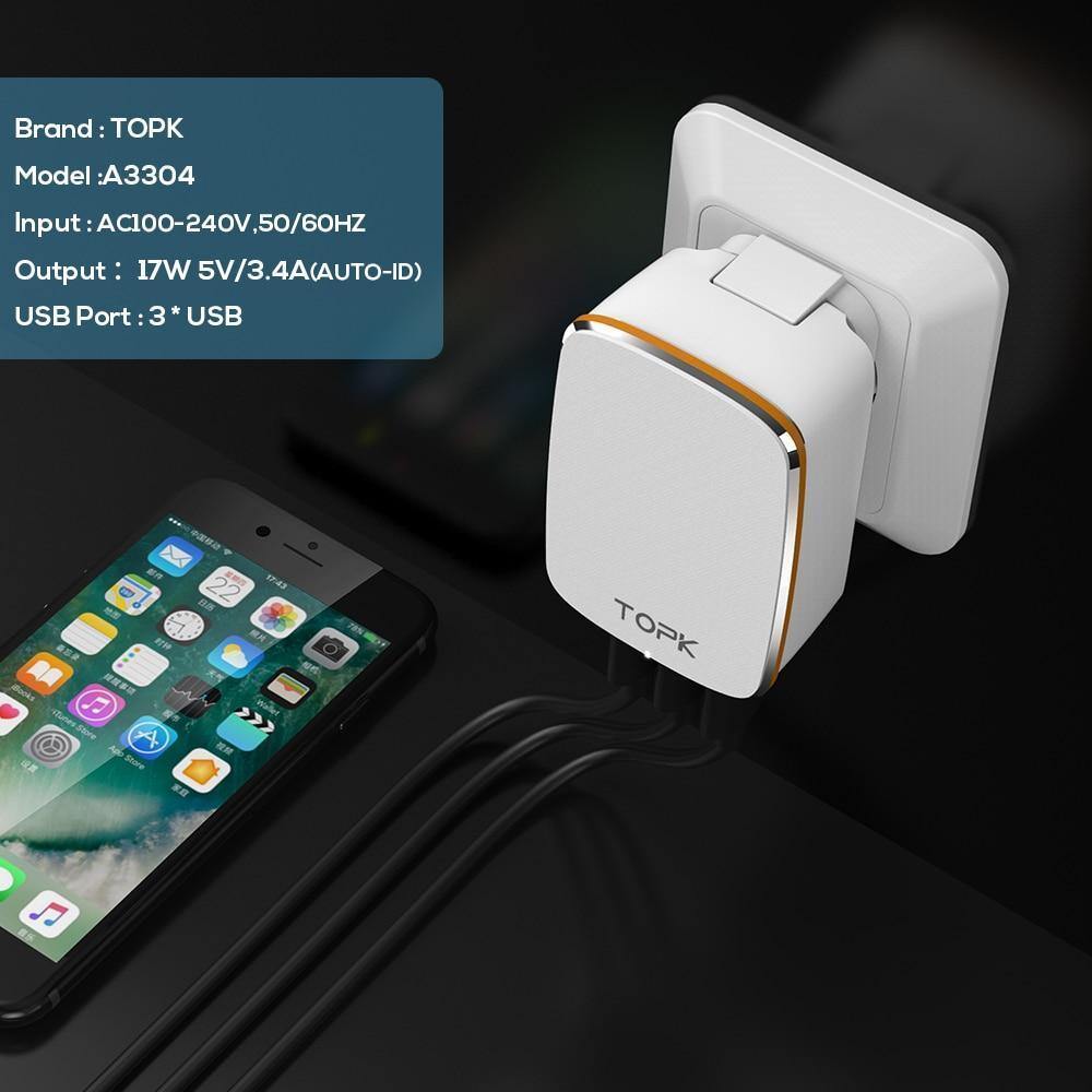 Planet Gates TOPK 3-Port 5V/3.4A 17W Auto-ID EU&US 2-IN-1 Travel Wall Mobile Phone USB Charger Adapter for iPhone Samsung Xiaomi Huawei