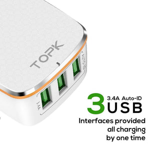 Planet Gates TOPK 3-Port 5V/3.4A 17W Auto-ID EU&US 2-IN-1 Travel Wall Mobile Phone USB Charger Adapter for iPhone Samsung Xiaomi Huawei