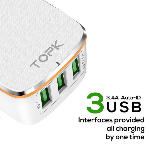 Planet Gates TOPK 3-Port 5V/3.4A 17W Auto-ID EU&US 2-IN-1 Travel Wall Mobile Phone USB Charger Adapter for iPhone Samsung Xiaomi Huawei