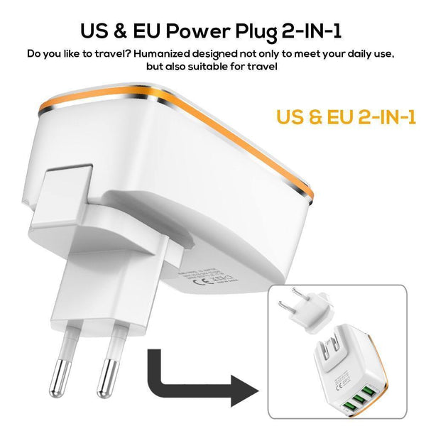 Planet Gates TOPK 3-Port 5V/3.4A 17W Auto-ID EU&US 2-IN-1 Travel Wall Mobile Phone USB Charger Adapter for iPhone Samsung Xiaomi Huawei