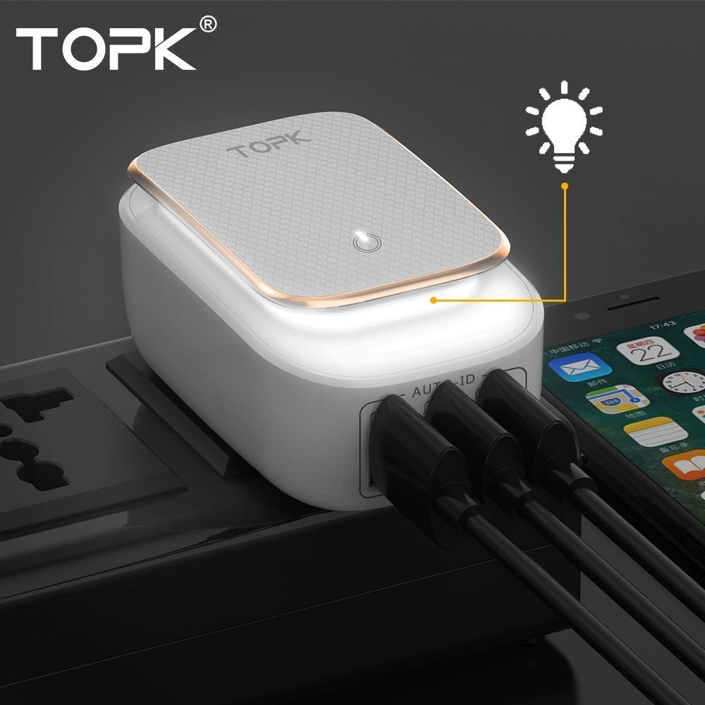 Planet Gates TOPK 3-Port Mobile Phone Charger 5V 3.4A(Max) Travel USB Charger for iPhone Xs Max 8 Samusung Phone Charger LED Lamp US EU AU UK