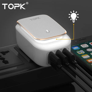 Planet Gates TOPK 3-Port Mobile Phone Charger 5V 3.4A(Max) Travel USB Charger for iPhone Xs Max 8 Samusung Phone Charger LED Lamp US EU AU UK