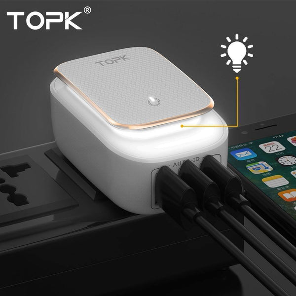 Planet Gates TOPK 3-Port Mobile Phone Charger 5V 3.4A(Max) Travel USB Charger for iPhone Xs Max 8 Samusung Phone Charger LED Lamp US EU AU UK