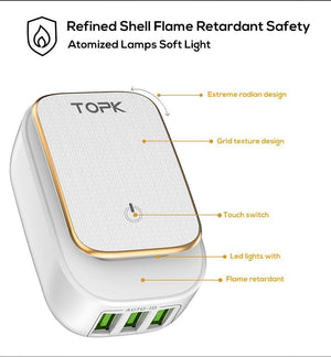 Planet Gates TOPK 3-Port Mobile Phone Charger 5V 3.4A(Max) Travel USB Charger for iPhone Xs Max 8 Samusung Phone Charger LED Lamp US EU AU UK