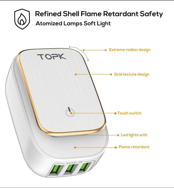 Planet Gates TOPK 3-Port Mobile Phone Charger 5V 3.4A(Max) Travel USB Charger for iPhone Xs Max 8 Samusung Phone Charger LED Lamp US EU AU UK