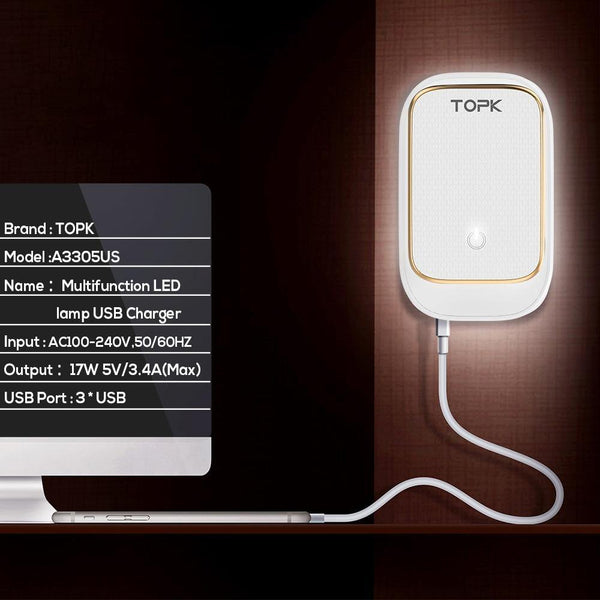 Planet Gates TOPK 3-Port Mobile Phone Charger 5V 3.4A(Max) Travel USB Charger for iPhone Xs Max 8 Samusung Phone Charger LED Lamp US EU AU UK