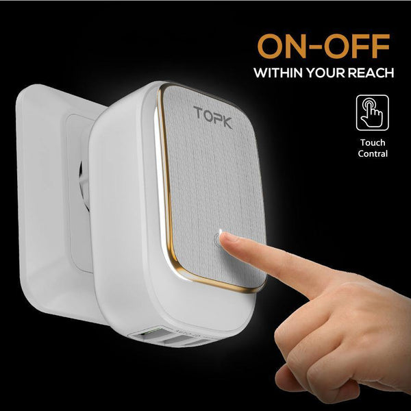 Planet Gates TOPK 3-Port Mobile Phone Charger 5V 3.4A(Max) Travel USB Charger for iPhone Xs Max 8 Samusung Phone Charger LED Lamp US EU AU UK