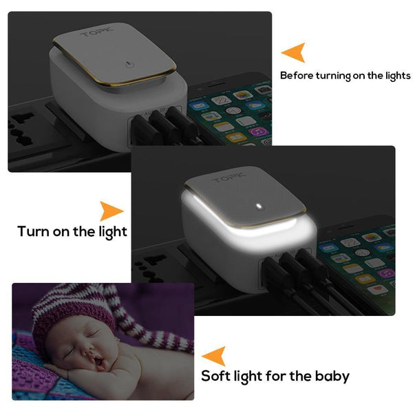 Planet Gates TOPK 3-Port Mobile Phone Charger 5V 3.4A(Max) Travel USB Charger for iPhone Xs Max 8 Samusung Phone Charger LED Lamp US EU AU UK
