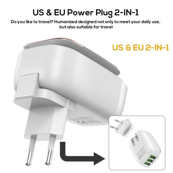 Planet Gates TOPK 5V 3.4A(Max) 3-Port LED Lamp USB Charger Adapter 2-IN-1 Travel Wall EU&US Auto-ID Mobile Phone Charger for iPhone Samsung