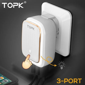 Planet Gates TOPK 5V 3.4A(Max) 3-Port LED Lamp USB Charger Adapter 2-IN-1 Travel Wall EU&US Auto-ID Mobile Phone Charger for iPhone Samsung