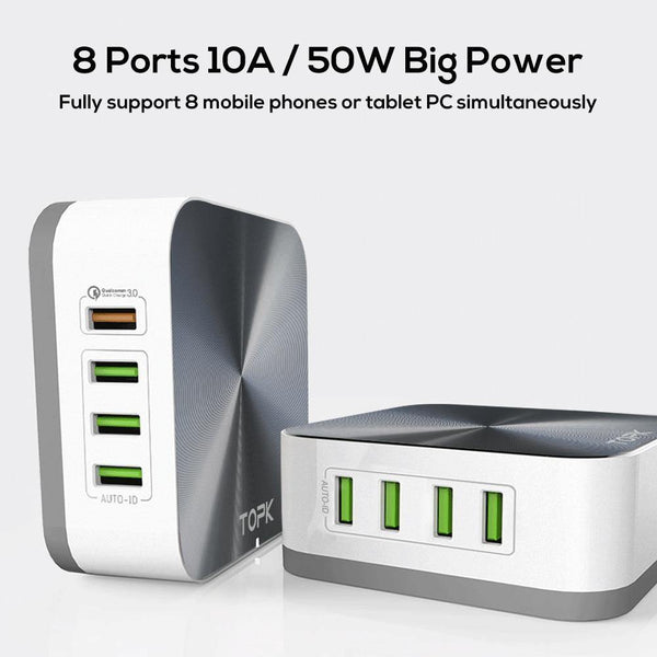 Planet Gates TOPK 8-Port 50W Quick Charge 3.0 USB Charger for iPhone Samsung Xiaomi Huawei EU US UK AU Plug Desktop Fast Phone Charger
