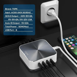 Planet Gates TOPK 8-Port 50W Quick Charge 3.0 USB Charger for iPhone Samsung Xiaomi Huawei EU US UK AU Plug Desktop Fast Phone Charger