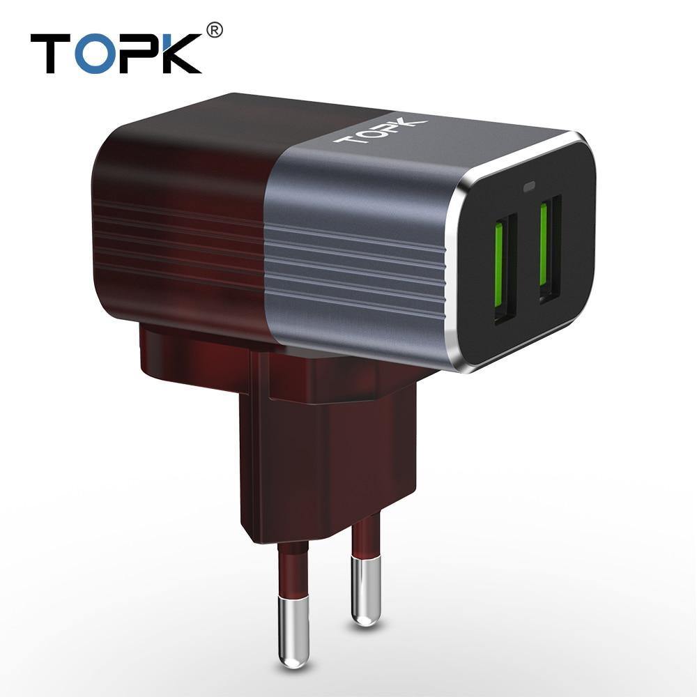 Planet Gates TOPK Auto-ID Dual USB Charger Adapter Mobile Phone EU/US/UK Travel Wall Portable Phone Charger for iPhone Samsung Xiaomi Huawei