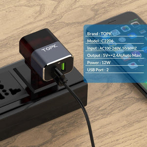 Planet Gates TOPK Auto-ID Dual USB Charger Adapter Mobile Phone EU/US/UK Travel Wall Portable Phone Charger for iPhone Samsung Xiaomi Huawei