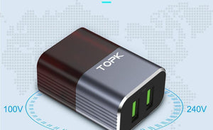 Planet Gates TOPK Auto-ID Dual USB Charger Adapter Mobile Phone EU/US/UK Travel Wall Portable Phone Charger for iPhone Samsung Xiaomi Huawei
