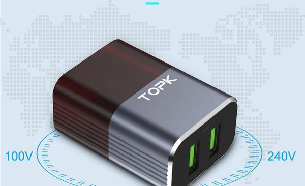 Planet Gates TOPK Auto-ID Dual USB Charger Adapter Mobile Phone EU/US/UK Travel Wall Portable Phone Charger for iPhone Samsung Xiaomi Huawei