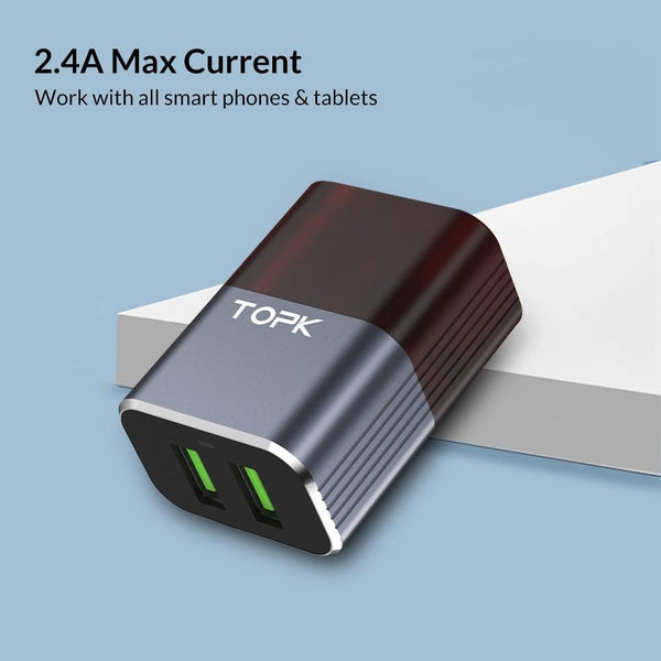 Planet Gates TOPK Auto-ID Dual USB Charger Adapter Mobile Phone EU/US/UK Travel Wall Portable Phone Charger for iPhone Samsung Xiaomi Huawei