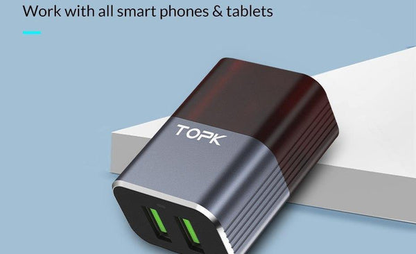 Planet Gates TOPK Auto-ID Dual USB Charger Adapter Mobile Phone EU/US/UK Travel Wall Portable Phone Charger for iPhone Samsung Xiaomi Huawei
