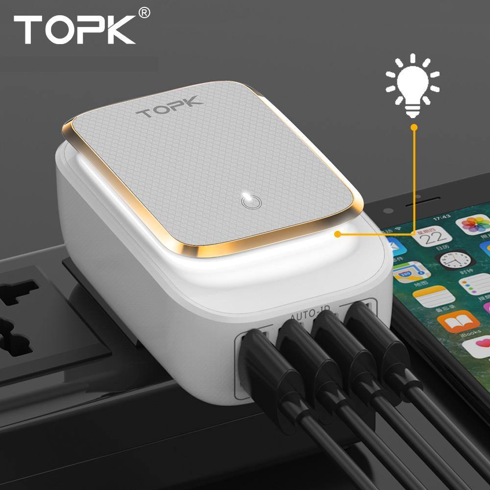 Planet Gates TOPK L-Power 4-Port 4.4A(Max) 22W EU USB Charger Adapter LED Lamp Auto-ID Portable Phone Travel Wall Charger for iPhone Samsung