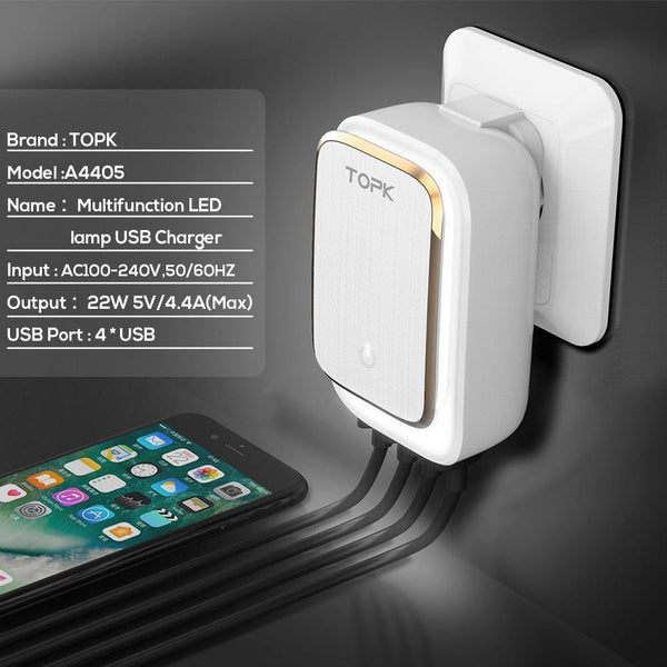 Planet Gates TOPK L-Power 4-Port 4.4A(Max) 22W EU USB Charger Adapter LED Lamp Auto-ID Portable Phone Travel Wall Charger for iPhone Samsung
