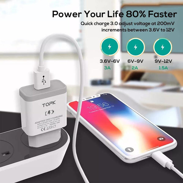 Planet Gates TOPK Mobile Phone Charger 18W Quick Charge 3.0 Fast USB Charger EU Plug Wall Travel Adapter for Samsung Galaxy S9/S8 Xiaomi LG