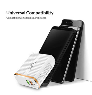 Planet Gates TOPK Mobile Phone Charger 30W USB Charger For iPhone Samsung Xiaomi Huawei Quick Charge 3.0 Fast Charger Dual USB Travel Adapter