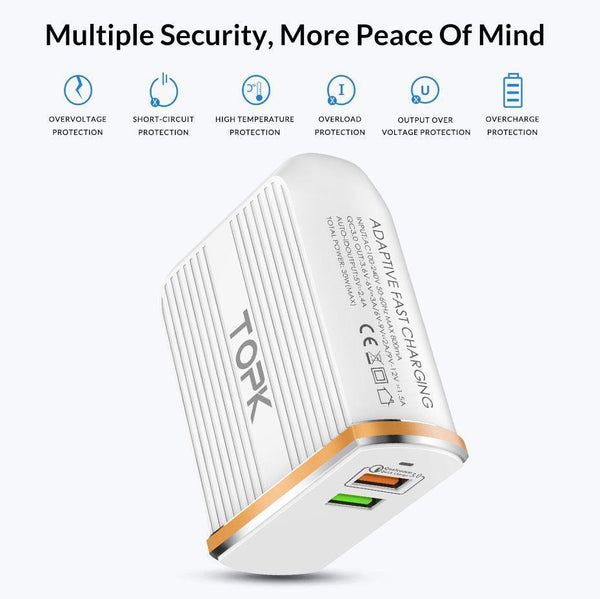 Planet Gates TOPK Mobile Phone Charger 30W USB Charger For iPhone Samsung Xiaomi Huawei Quick Charge 3.0 Fast Charger Dual USB Travel Adapter