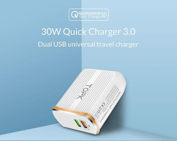 Planet Gates TOPK Mobile Phone Charger 30W USB Charger For iPhone Samsung Xiaomi Huawei Quick Charge 3.0 Fast Charger Dual USB Travel Adapter