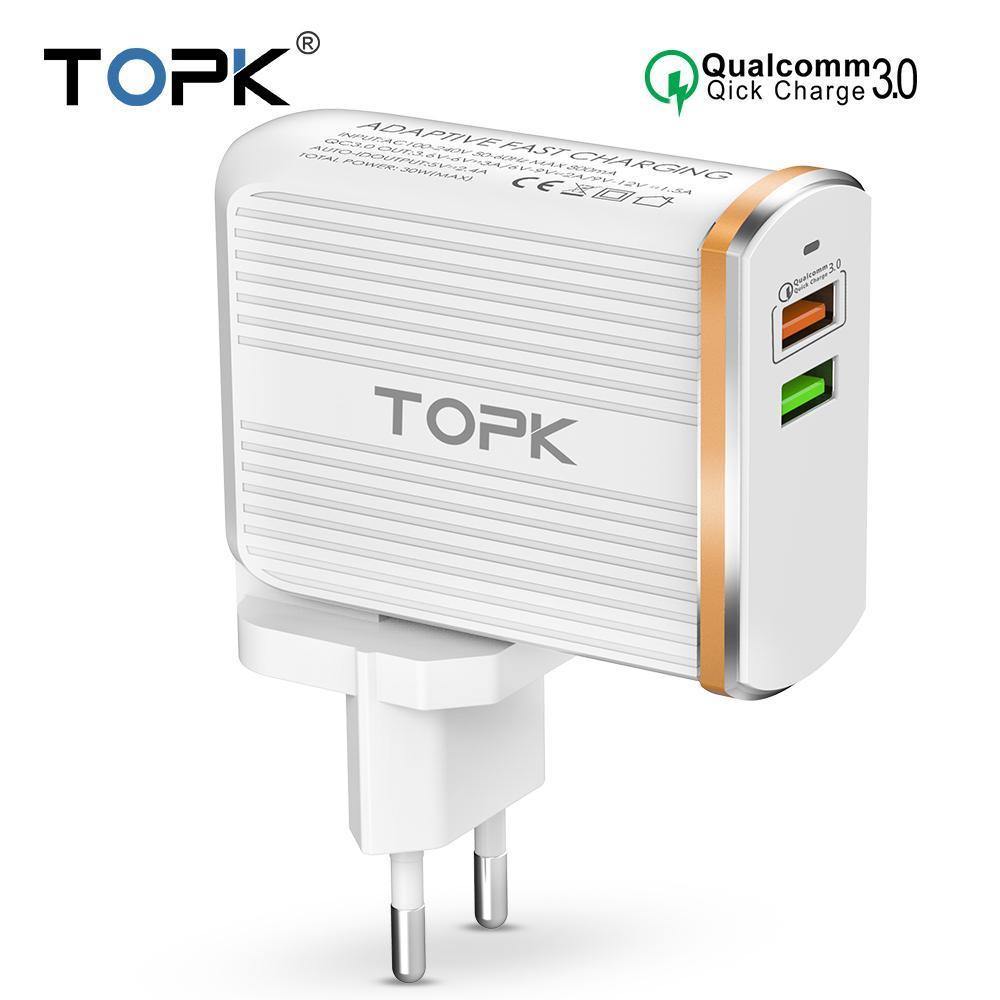 Planet Gates TOPK Mobile Phone Charger 30W USB Charger For iPhone Samsung Xiaomi Huawei Quick Charge 3.0 Fast Charger Dual USB Travel Adapter
