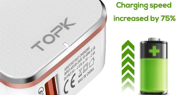 Planet Gates TOPK Quick Charge 2.0 EU&US 2-IN-1 Fast Travel USB Charger Adapter Auto-ID Mobile Phone Charger for iPhone Samsung Xiaomi Huawei