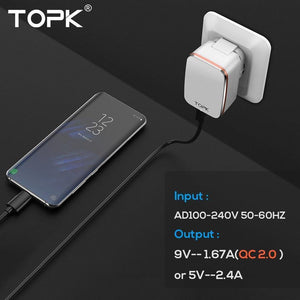 Planet Gates TOPK Quick Charge 2.0 EU&US 2-IN-1 Fast Travel USB Charger Adapter Auto-ID Mobile Phone Charger for iPhone Samsung Xiaomi Huawei