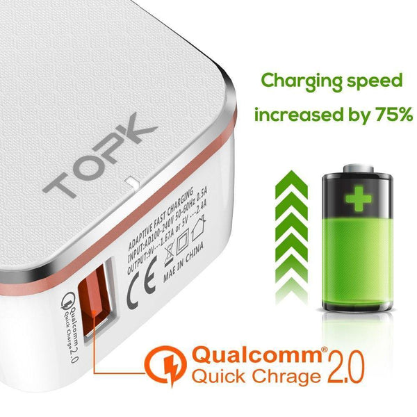 Planet Gates TOPK Quick Charge 2.0 EU&US 2-IN-1 Fast Travel USB Charger Adapter Auto-ID Mobile Phone Charger for iPhone Samsung Xiaomi Huawei