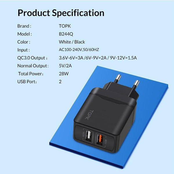 Planet Gates TOPK Quick Charge 3.0 18W QC 3.0 Dual USB Charger Adapter EU Plug Travel Wall Mobile Phone Charger for iPhone Samsung Xiaomi