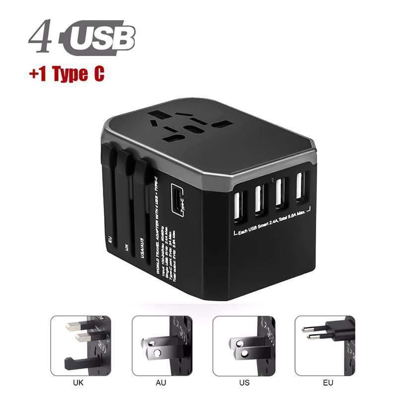 Planet Gates Universal Plug / Grey Travel adapter UK AU EU US 4in1 International Charge Adapter USB Type-C Charger Mobile Phone Cell Phone Universal adapt