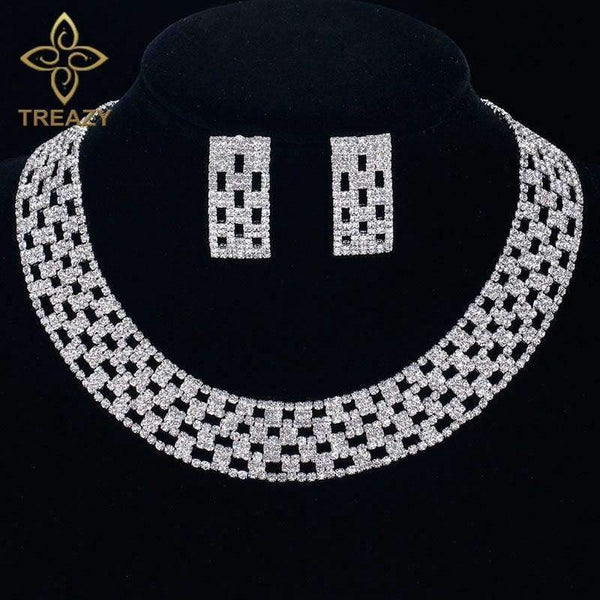 Planet Gates TREAZY Luxury Crystal Bridal Jewelry Sets Silver Color Rhinestone Choker Necklace Wedding Engagement Jewelry Sets for Women