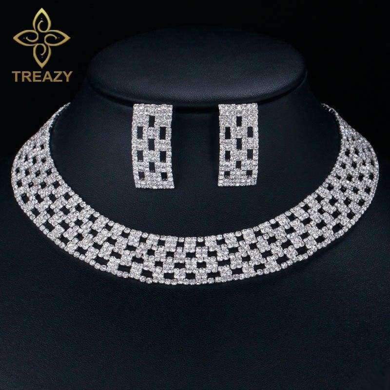 Planet Gates TREAZY Luxury Crystal Bridal Jewelry Sets Silver Color Rhinestone Choker Necklace Wedding Engagement Jewelry Sets for Women