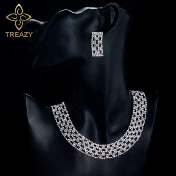 Planet Gates TREAZY Luxury Crystal Bridal Jewelry Sets Silver Color Rhinestone Choker Necklace Wedding Engagement Jewelry Sets for Women