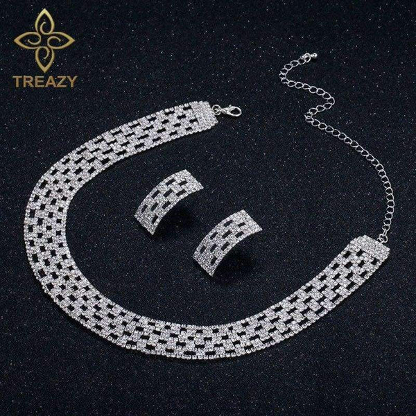 Planet Gates TREAZY Luxury Crystal Bridal Jewelry Sets Silver Color Rhinestone Choker Necklace Wedding Engagement Jewelry Sets for Women