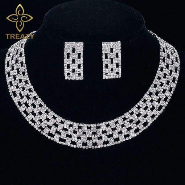 Planet Gates TREAZY Luxury Crystal Bridal Jewelry Sets Silver Color Rhinestone Choker Necklace Wedding Engagement Jewelry Sets for Women