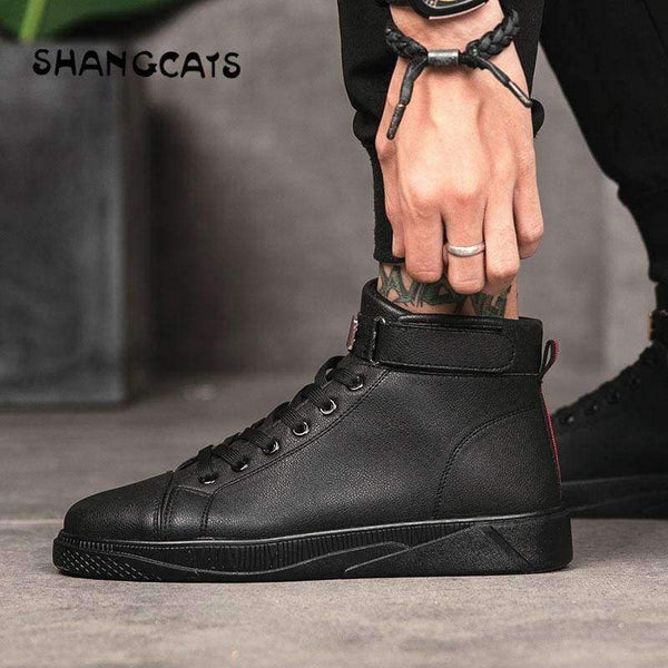Planet Gates Trend 2018 Men's Vulcanized Shoes Black High Top Lace-up Autumn Winter Casual Canvas Shoes For Men Boys Sneakers Without Lace