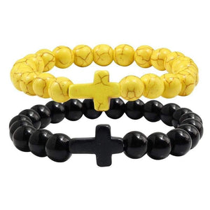 Trendy  Black Bracelet Natural Stone Yellow Turquoises Beaded Handchain Jesus Cross Bangles Women Jewelery Lover Accessories