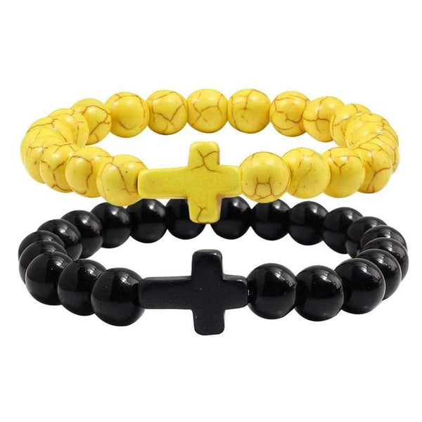 Trendy  Black Bracelet Natural Stone Yellow Turquoises Beaded Handchain Jesus Cross Bangles Women Jewelery Lover Accessories