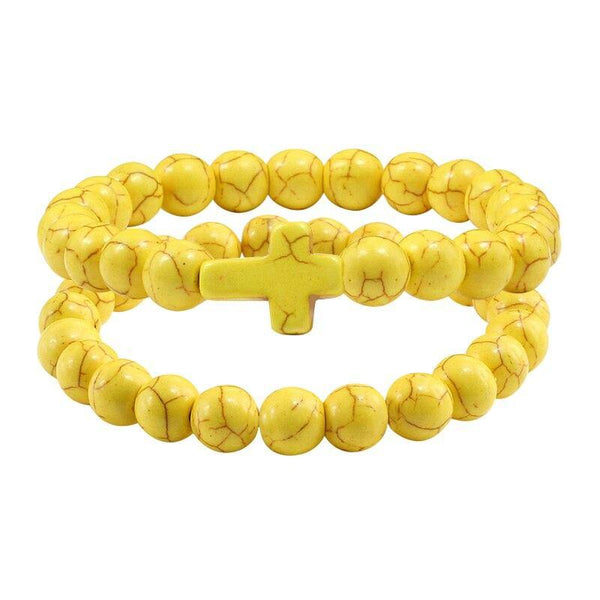 Trendy  Black Bracelet Natural Stone Yellow Turquoises Beaded Handchain Jesus Cross Bangles Women Jewelery Lover Accessories