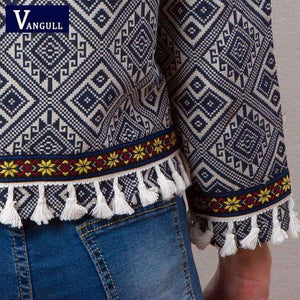Planet Gates Tribal Embroidered Jacket Blue Vintage Fringe Tape Trim Women Autumn Coat 2018 Spring Long Sleeve Tassel Boho Jacket