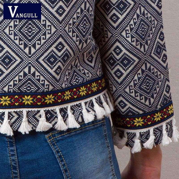 Planet Gates Tribal Embroidered Jacket Blue Vintage Fringe Tape Trim Women Autumn Coat 2018 Spring Long Sleeve Tassel Boho Jacket