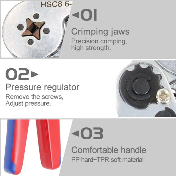 Planet Gates Tubular Terminal Crimping Pliers HSC8 6-4/6-6/16-6（max 0.08-16mm²）wire mini Ferrule crimper tools YEFYM Household electrical kit