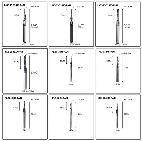 Planet Gates Tungsten Solid Carbide End Mill 4mm 6mm 8mm Ball Nose Tapered End Mills Router Bits CNC Taper Wood Metal Milling Cutter