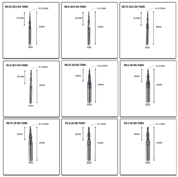 Planet Gates Tungsten Solid Carbide End Mill 4mm 6mm 8mm Ball Nose Tapered End Mills Router Bits CNC Taper Wood Metal Milling Cutter