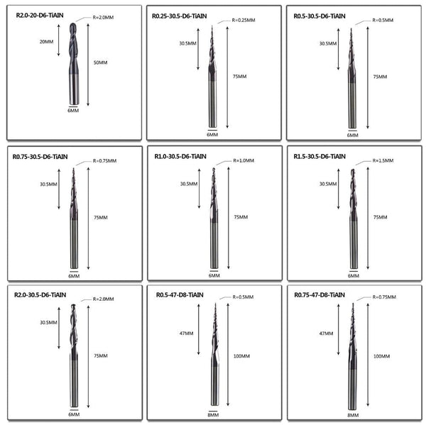 Planet Gates Tungsten Solid Carbide End Mill 4mm 6mm 8mm Ball Nose Tapered End Mills Router Bits CNC Taper Wood Metal Milling Cutter