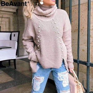 Planet Gates Turtleneck plus size loose knitted sweater Beading split casual pullover sweater Long sleeve womens jumpers winter 2018